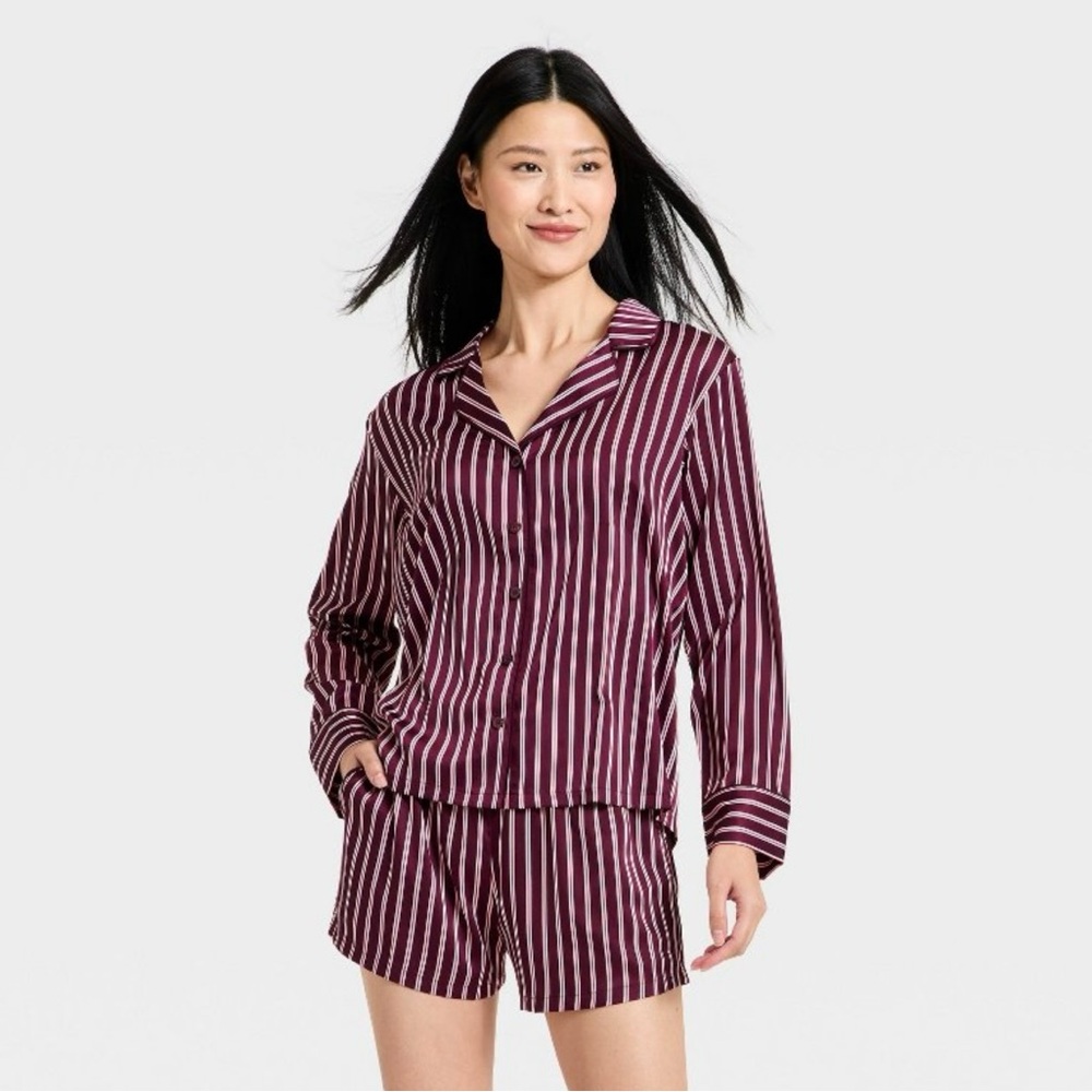 Auden Women's Luxury Collection Satin Notch Collar Long Sleeve Shirt and Shorts